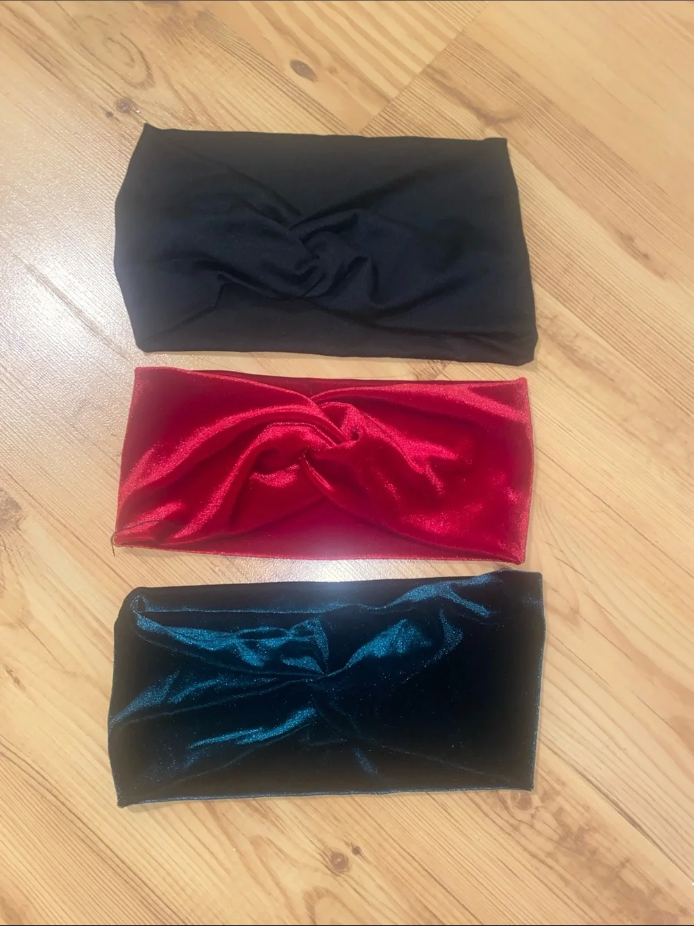 Set of 3 Twist Front Velvet & Knit Headbands - Black, Red, Emerald Green